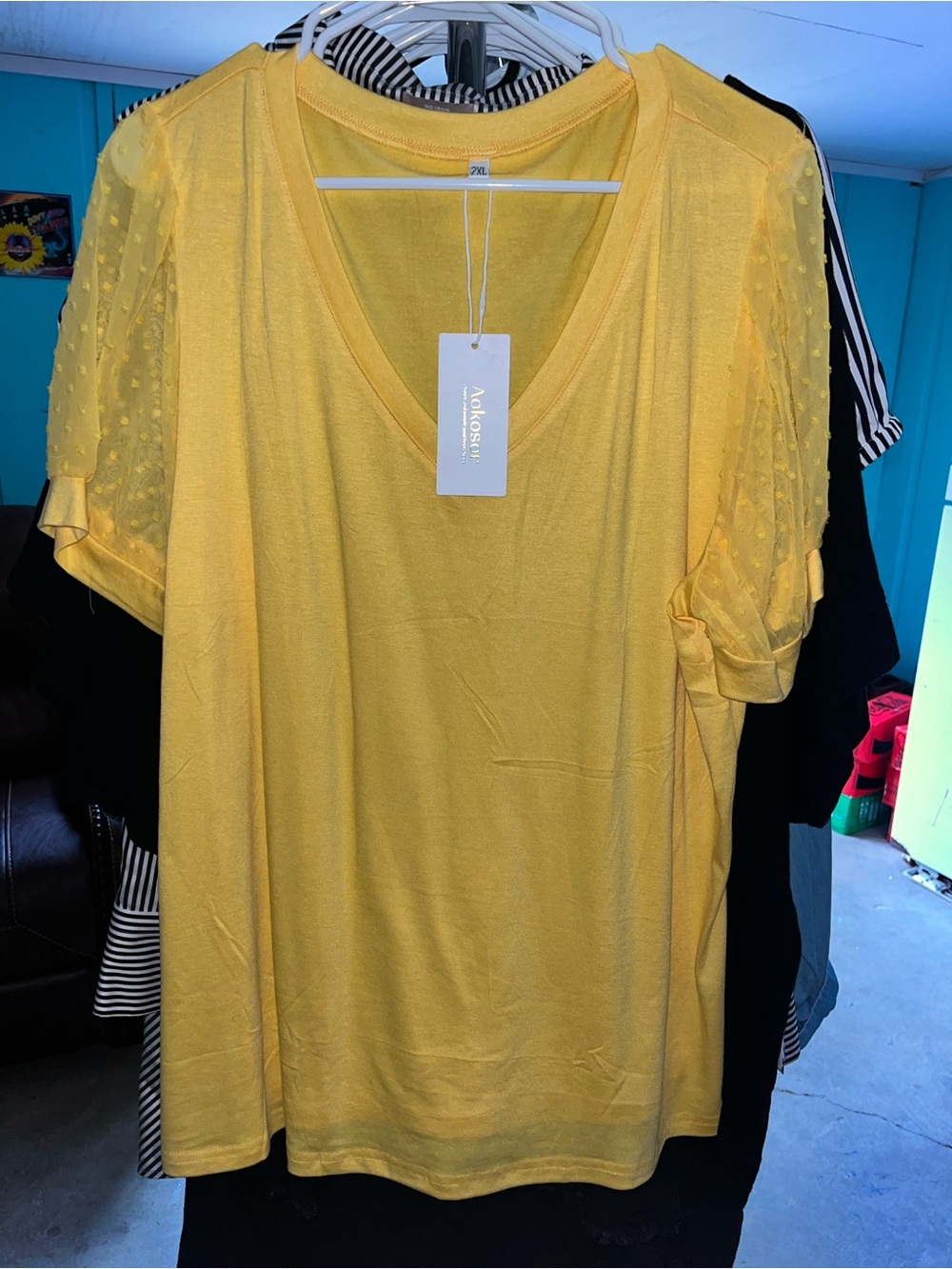 Yellow V-Neck Puff Sleeve Women's Top